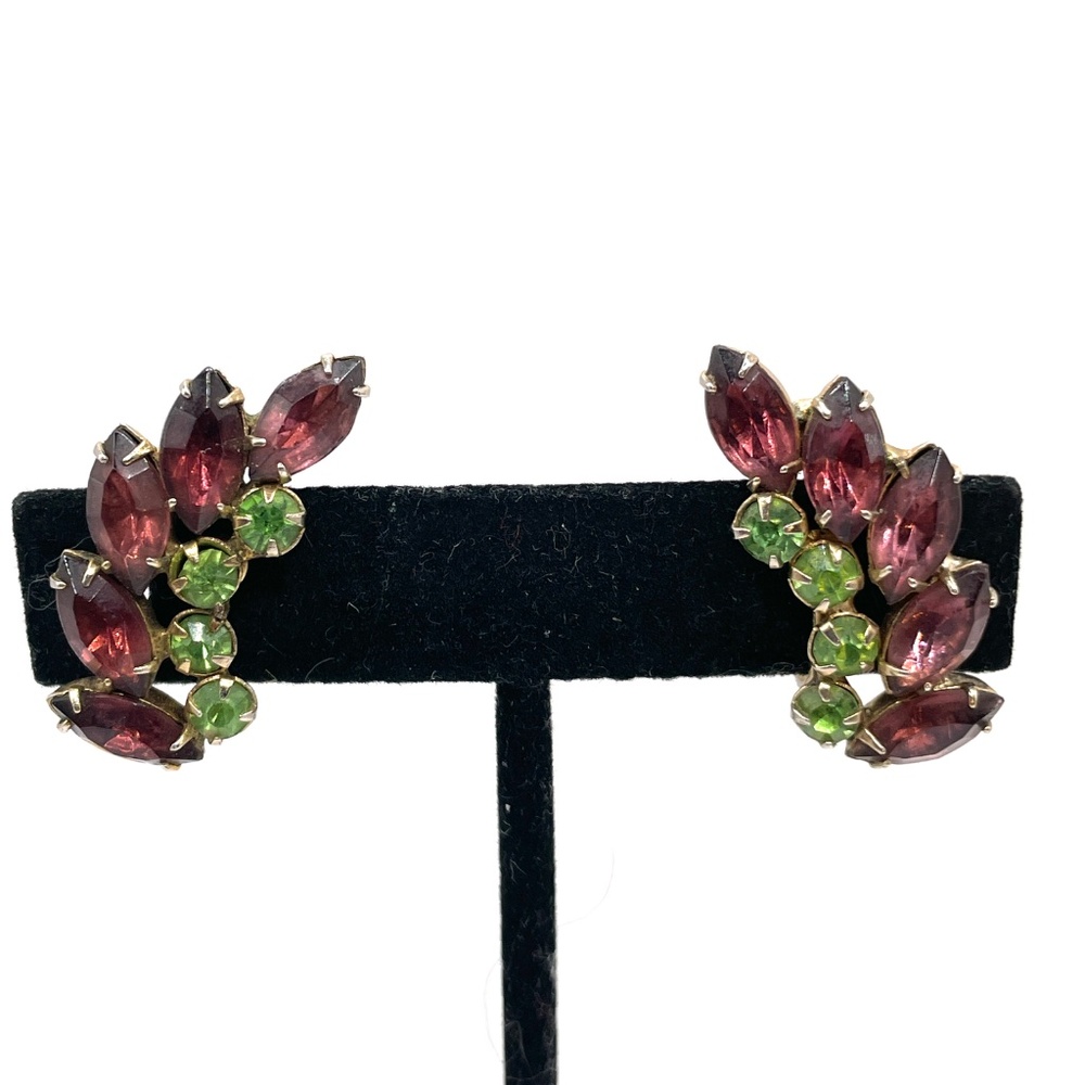 Vintage Unsigned Purple Green Rhinestone Screw Back Ear Climber Earrings